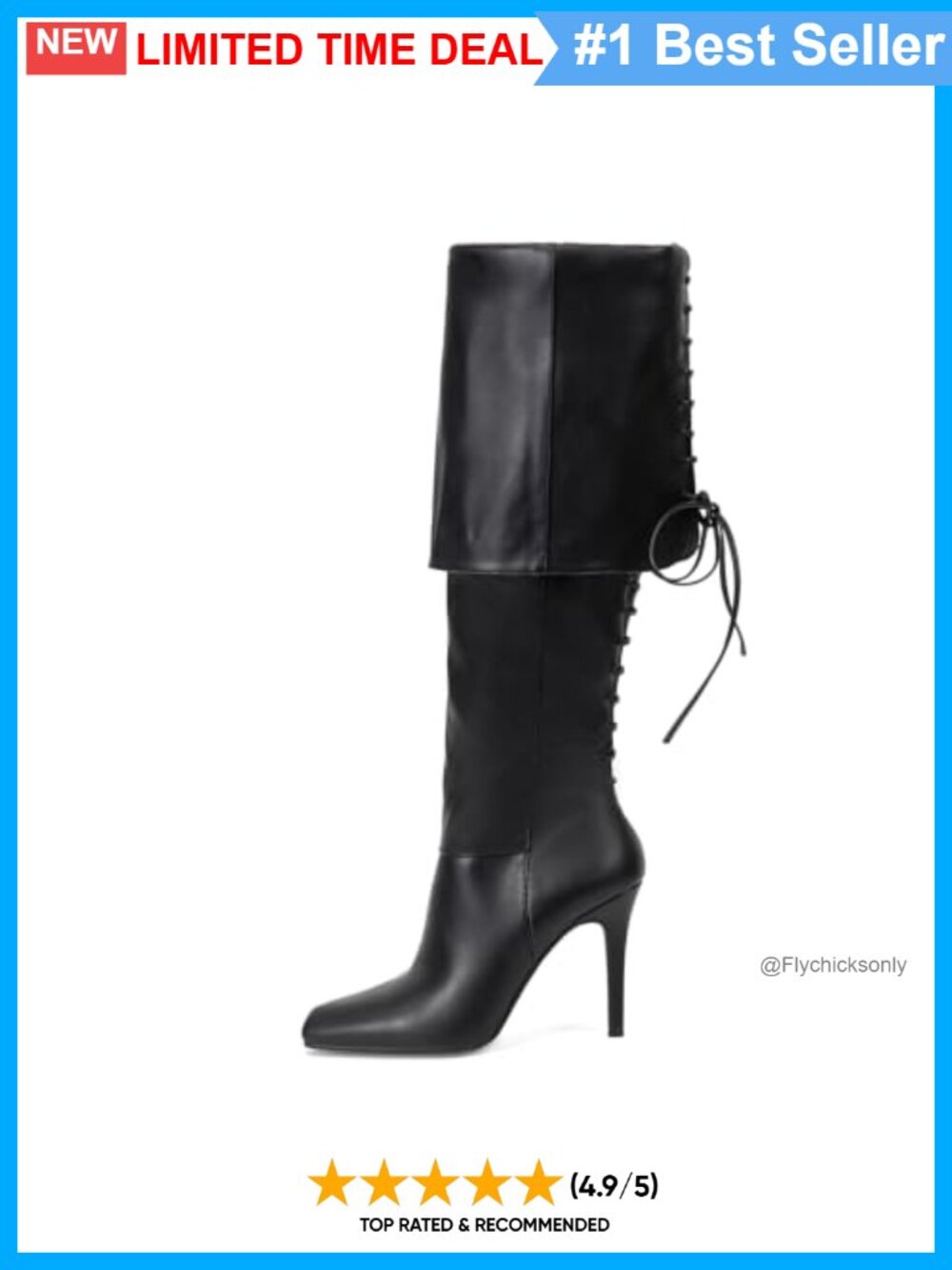 Square Toe Fold Over Knee High Boots 4 Inch Stiletto Heel Faux Leather